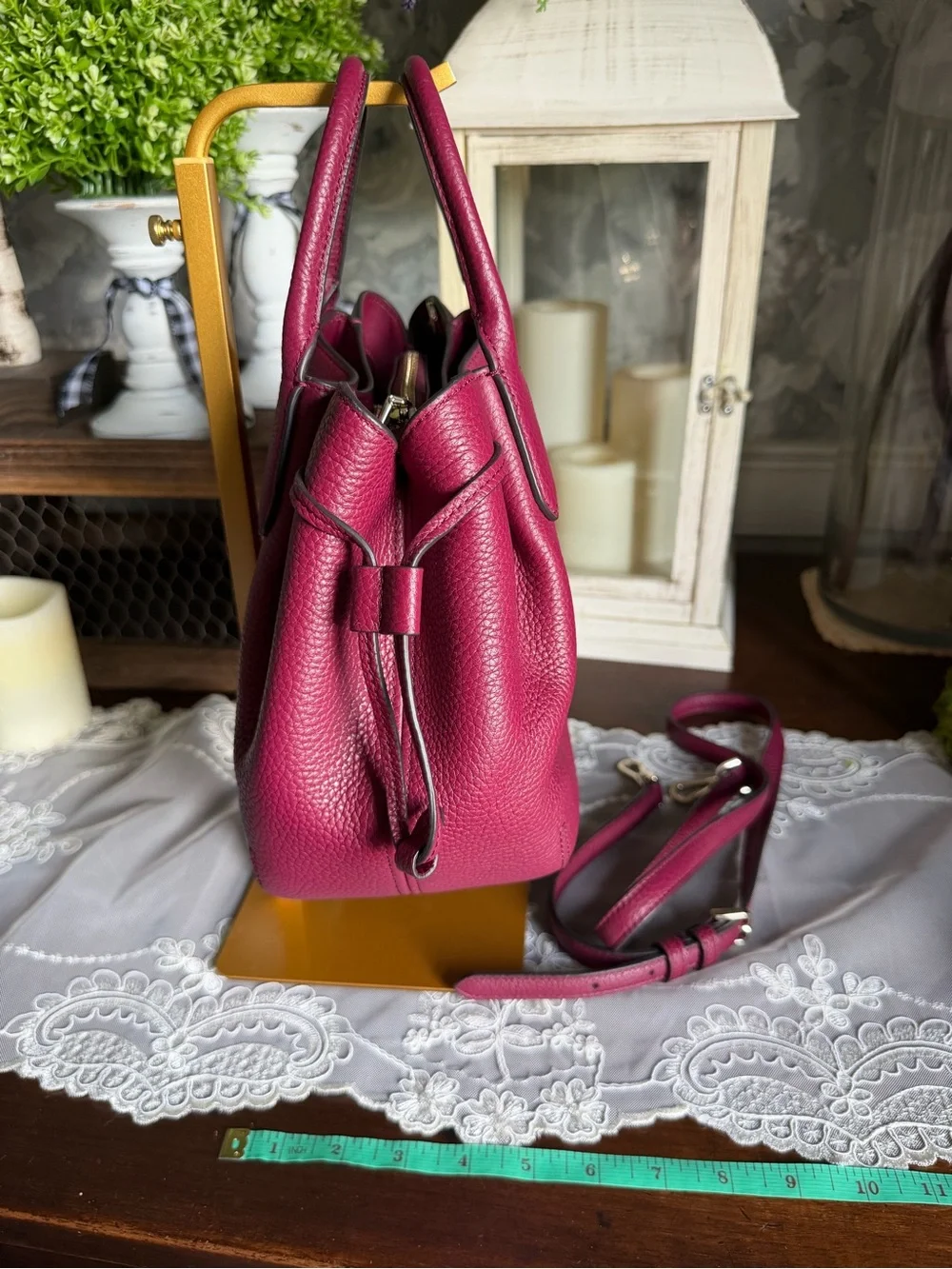 kate spade New York Raspberry Pebbled Leather Satchel Bag Purse crossbody strap